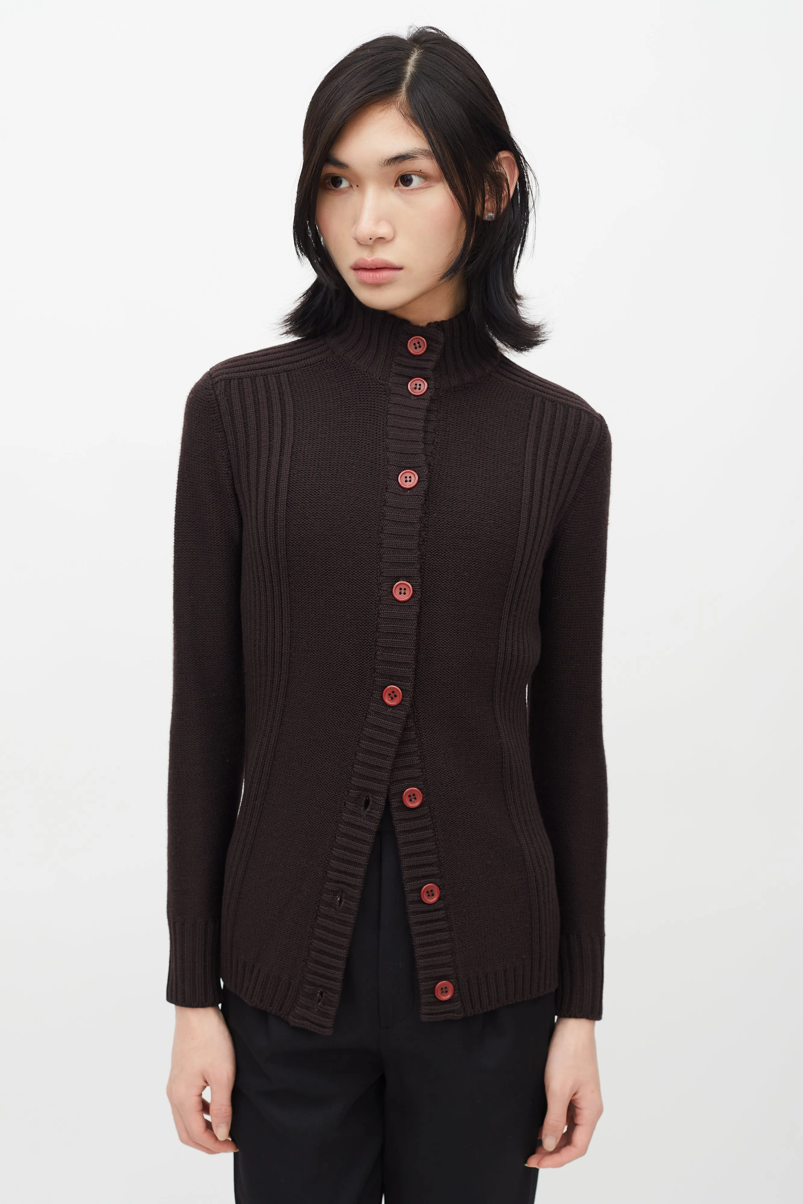 1960s Brown Wool Ribbed Knit Cardigan