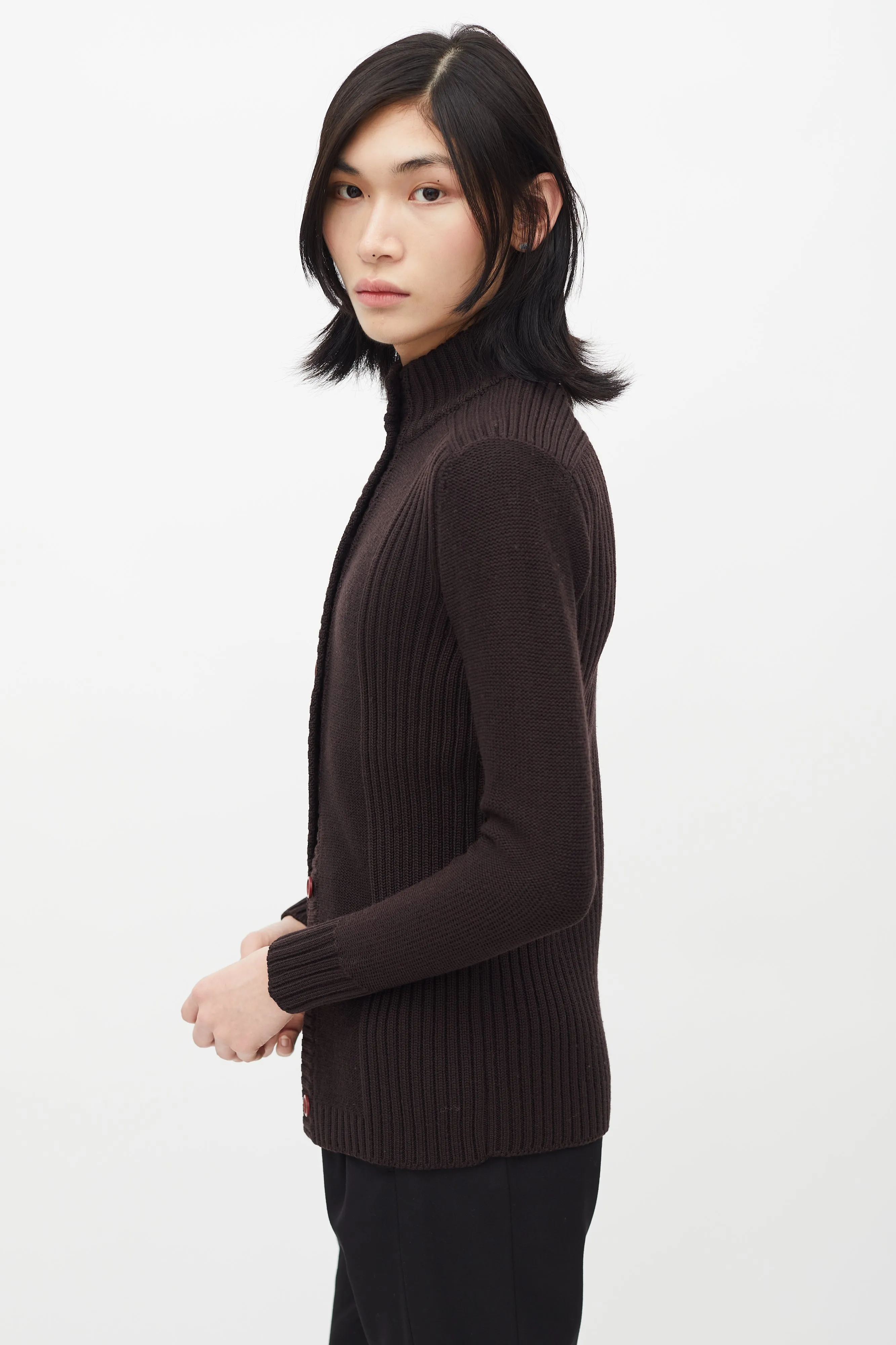 1960s Brown Wool Ribbed Knit Cardigan