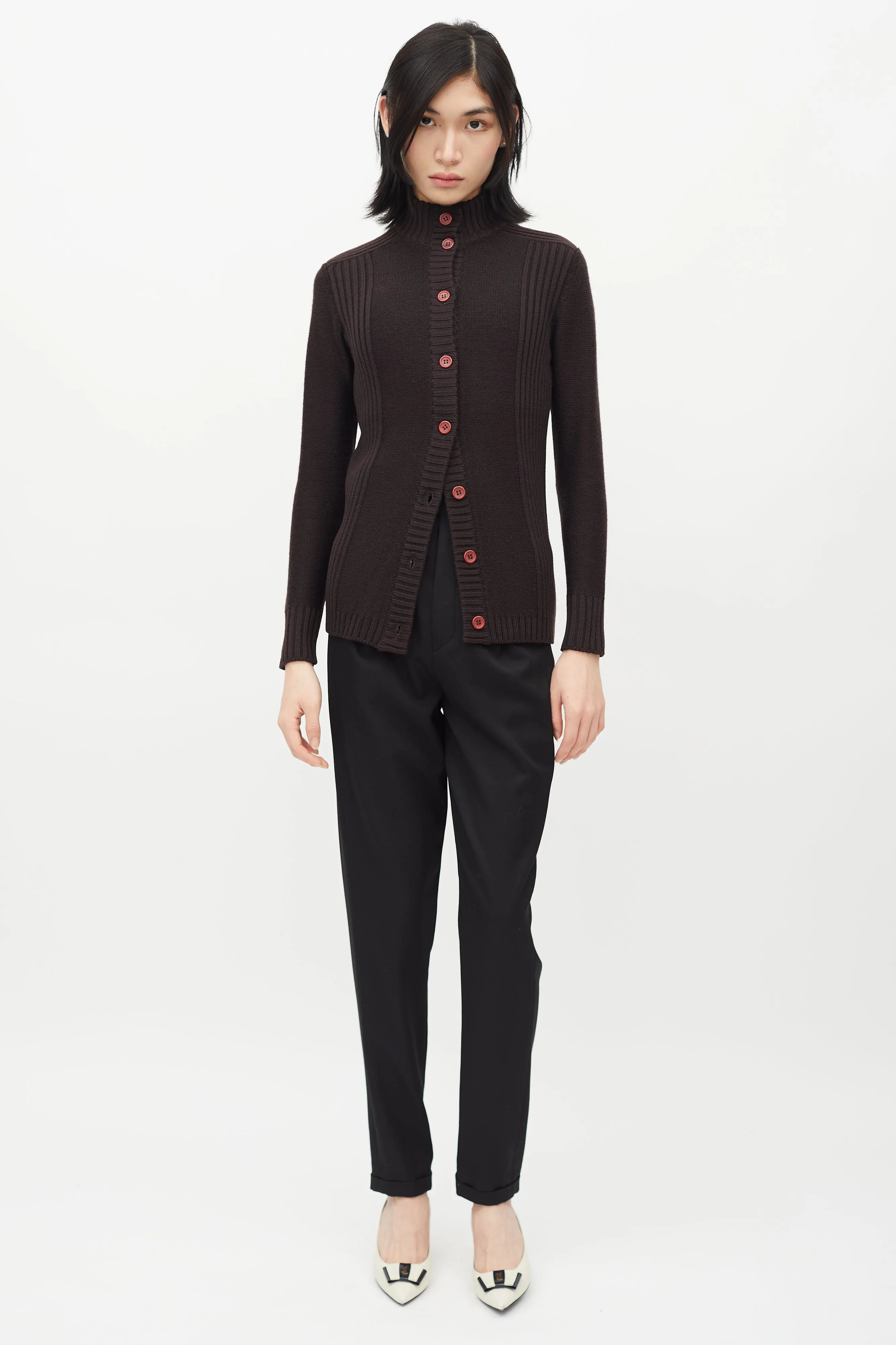 1960s Brown Wool Ribbed Knit Cardigan