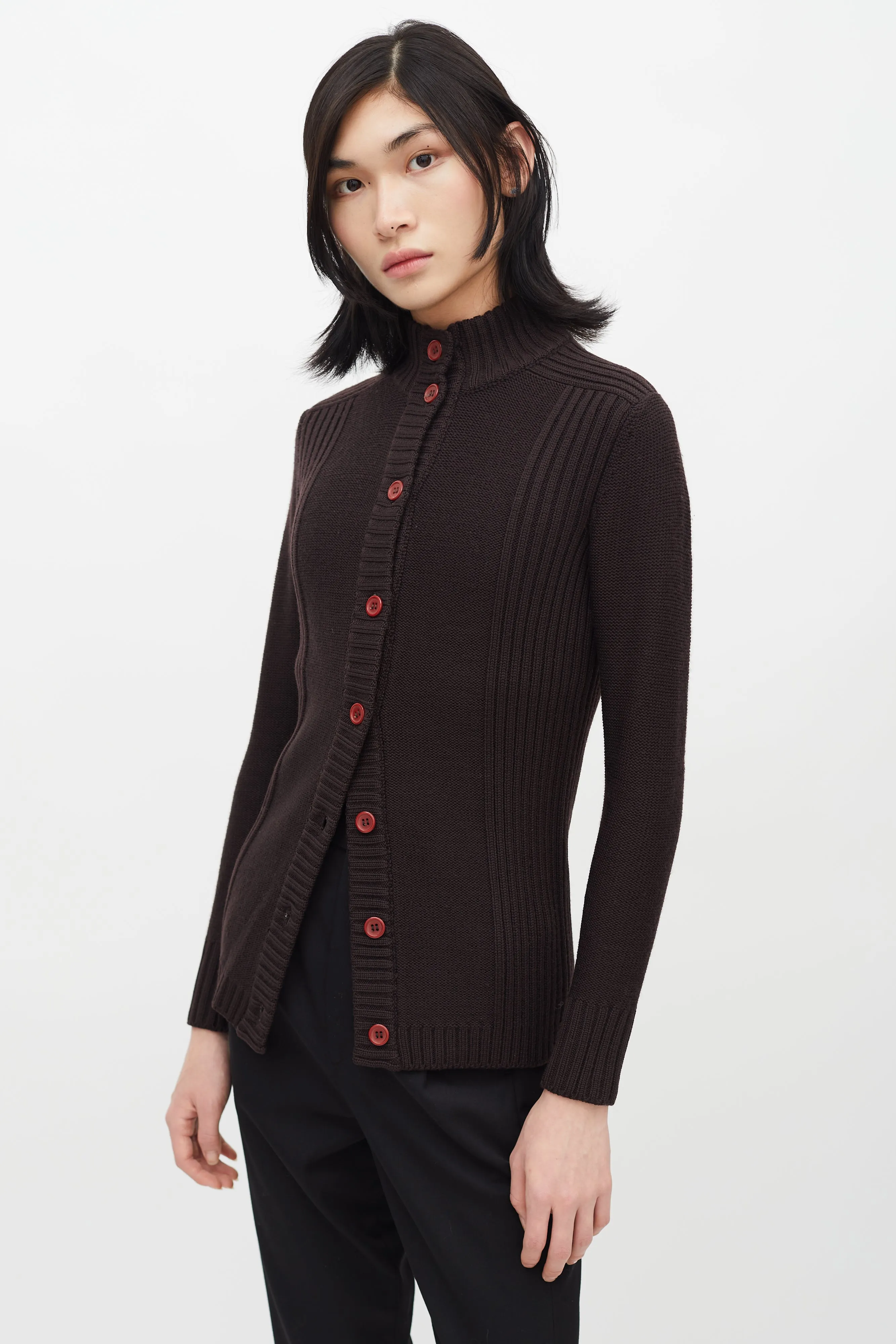 1960s Brown Wool Ribbed Knit Cardigan