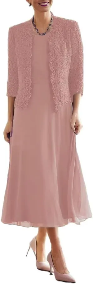 2 Pieces Mother of Bride Dress with Beadedlace Jacket Mother of The Groom Dresses Tea Length Formal Evening Gowns