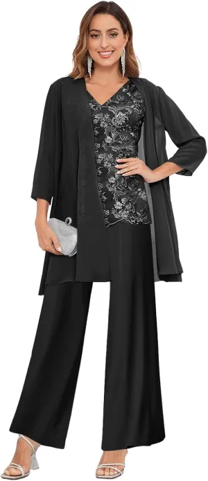 3 Pieces Mother of The Bride Pants Suits for Women Dressy with Jacket Chiffon Lace Applique Wedding Formal Outfit