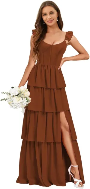 A-Line Chiffon Bridesmaid Dress with Slit Long Pleated Formal Dresses with Spaghetti Straps AU012