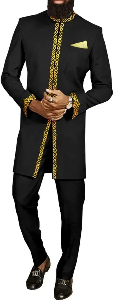 African Suit for Men Jacket and Trousers 2 Piece Set Dashiki Blazer with Kerchief Bazin Riche Kaftan Wedding Evening