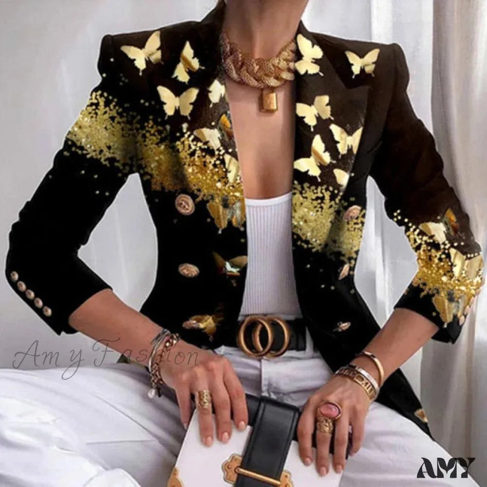Amy Fashion - Office Lady Elegant Butterfly Print Blazer