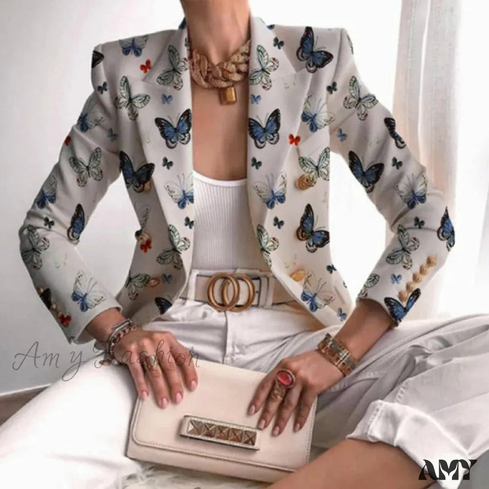 Amy Fashion - Office Lady Elegant Butterfly Print Blazer