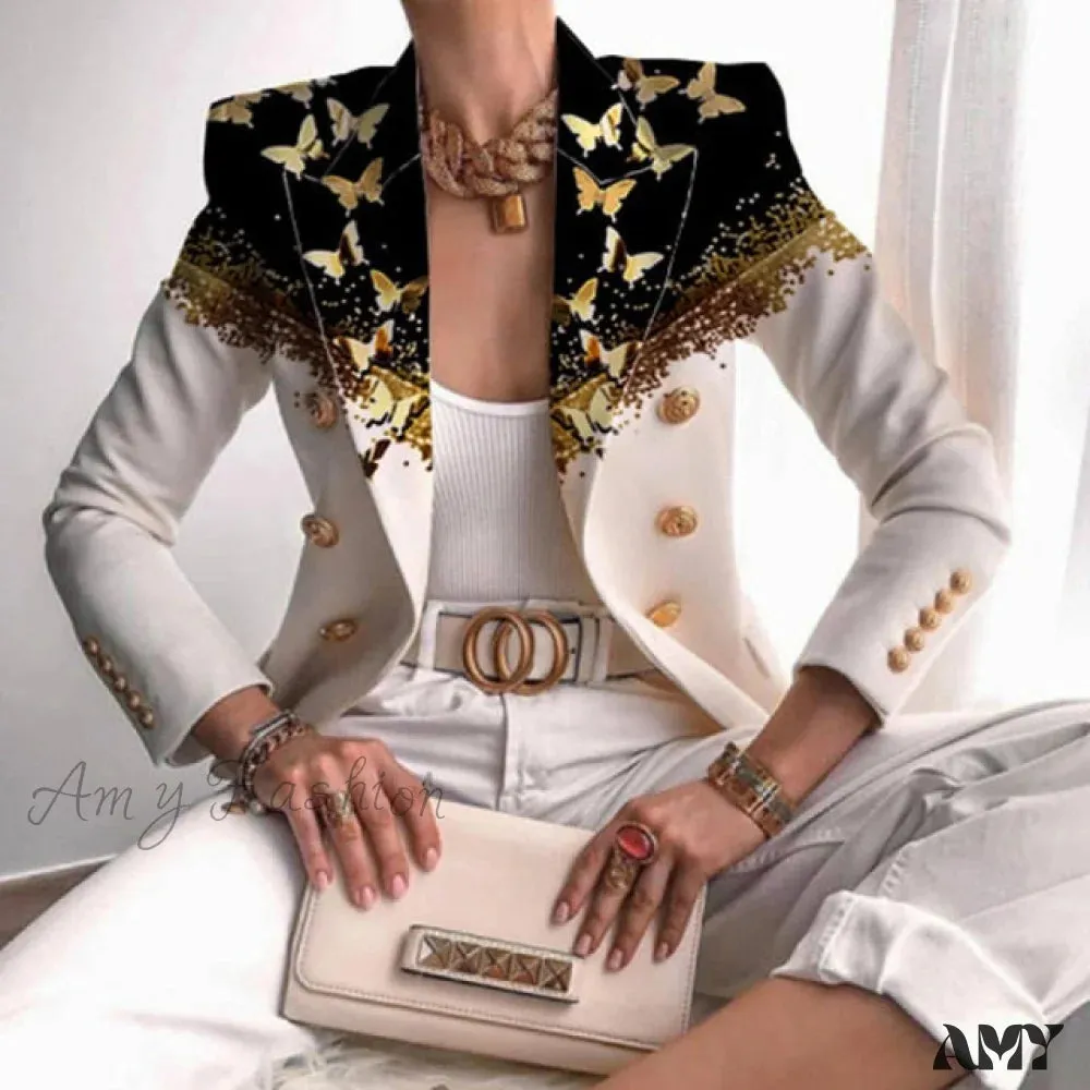 Amy Fashion - Office Lady Elegant Butterfly Print Blazer