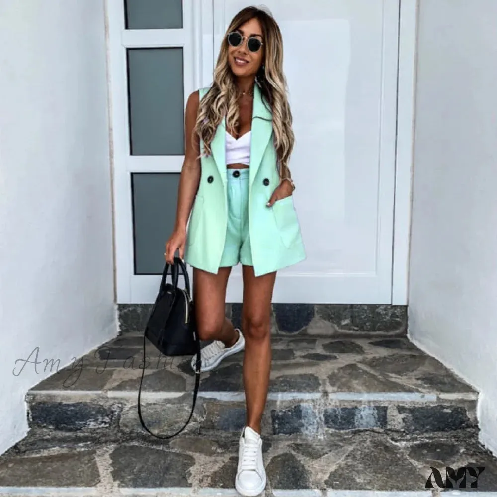Amy Fashion - Sleeveless Plaid Button Up Tops Blazer