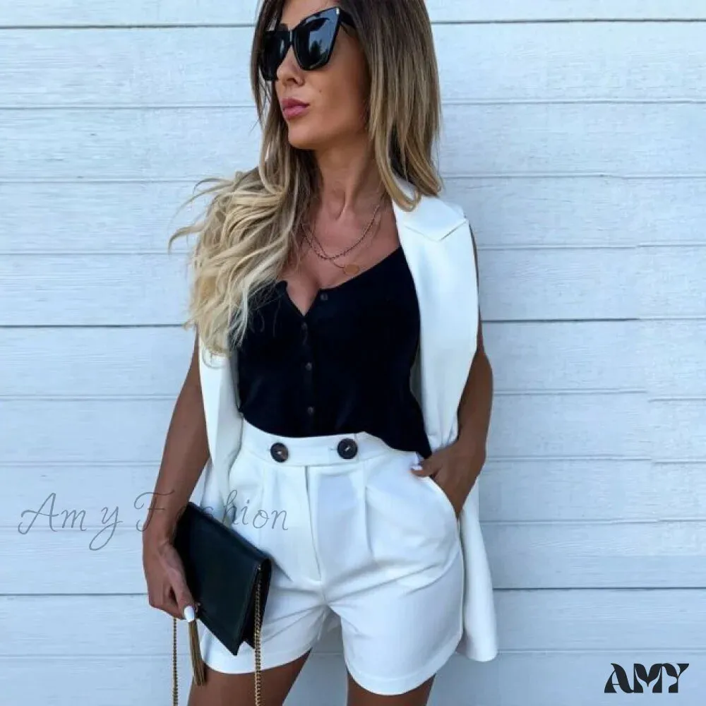 Amy Fashion - Sleeveless Plaid Button Up Tops Blazer