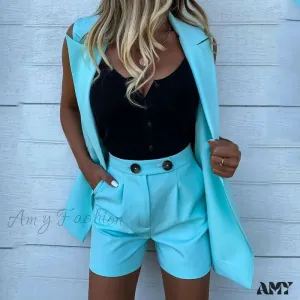 Amy Fashion - Sleeveless Plaid Button Up Tops Blazer