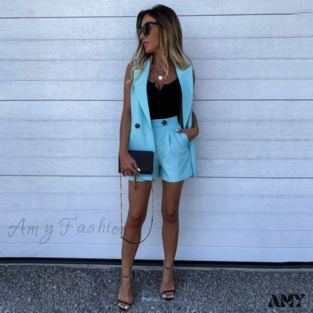 Amy Fashion - Sleeveless Plaid Button Up Tops Blazer