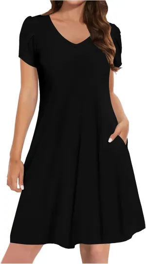 Beach Dresses for Women 2025 Summer Solid Basic Mini Dress Casual V Neck Short Sleeve Dresses with Pockets