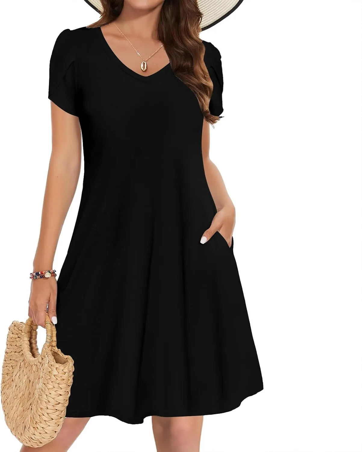 Beach Dresses for Women 2025 Summer Solid Basic Mini Dress Casual V Neck Short Sleeve Dresses with Pockets