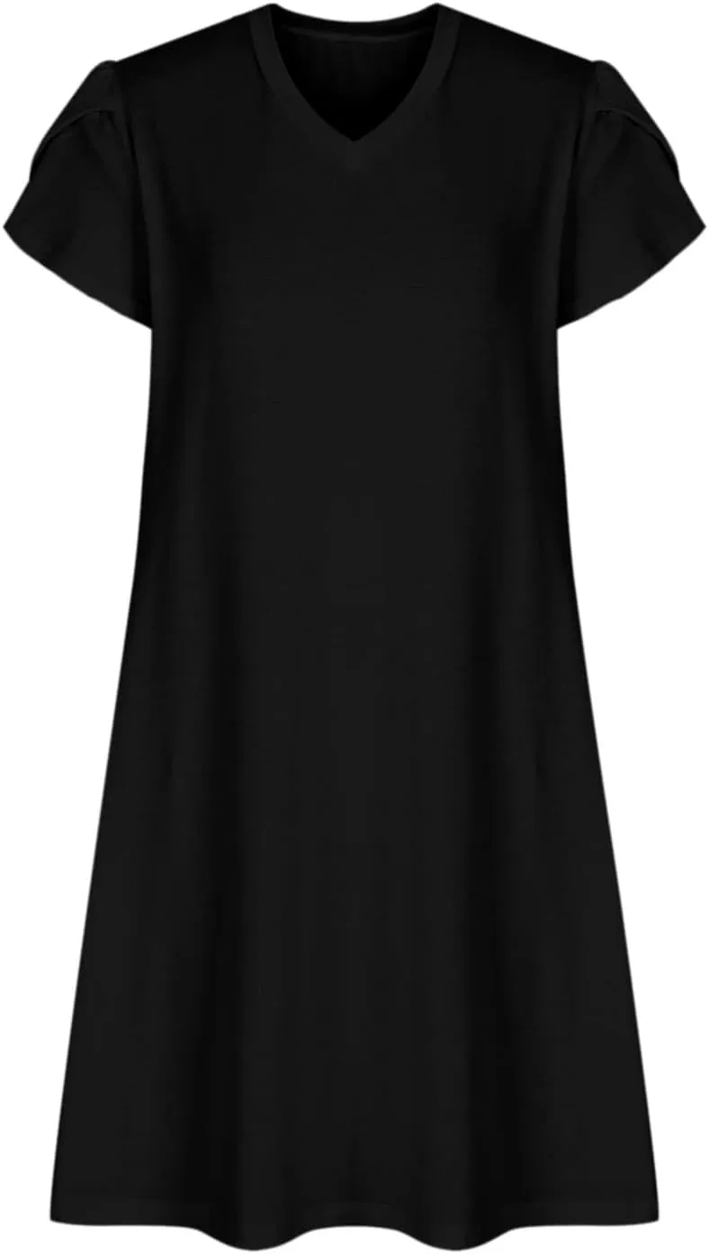 Beach Dresses for Women 2025 Summer Solid Basic Mini Dress Casual V Neck Short Sleeve Dresses with Pockets