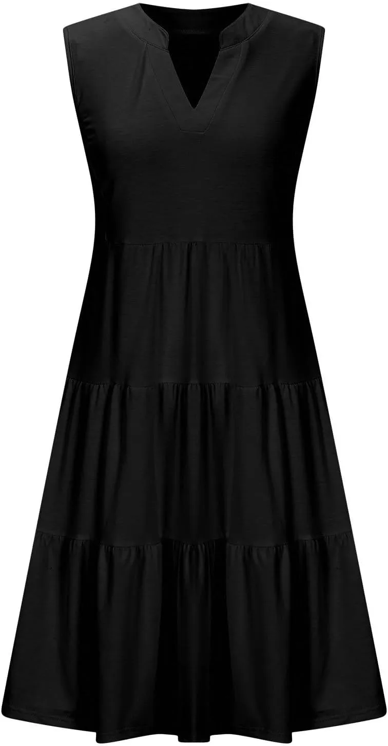 Beach Dresses for Women 2025 Vacation Sleeveless V Neck Flowy Mini Dress Fashion Ruffle Summer Sundress with Pockets