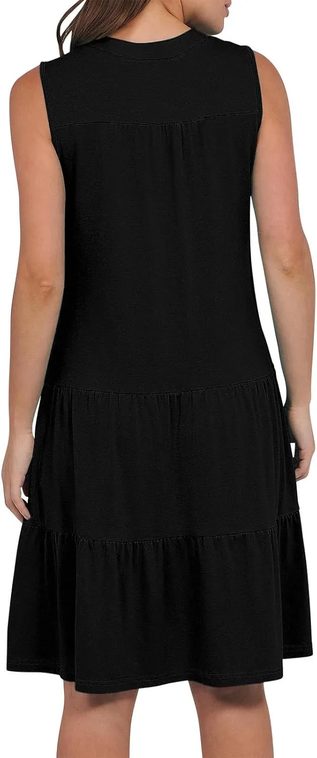 Beach Dresses for Women 2025 Vacation Sleeveless V Neck Flowy Mini Dress Fashion Ruffle Summer Sundress with Pockets