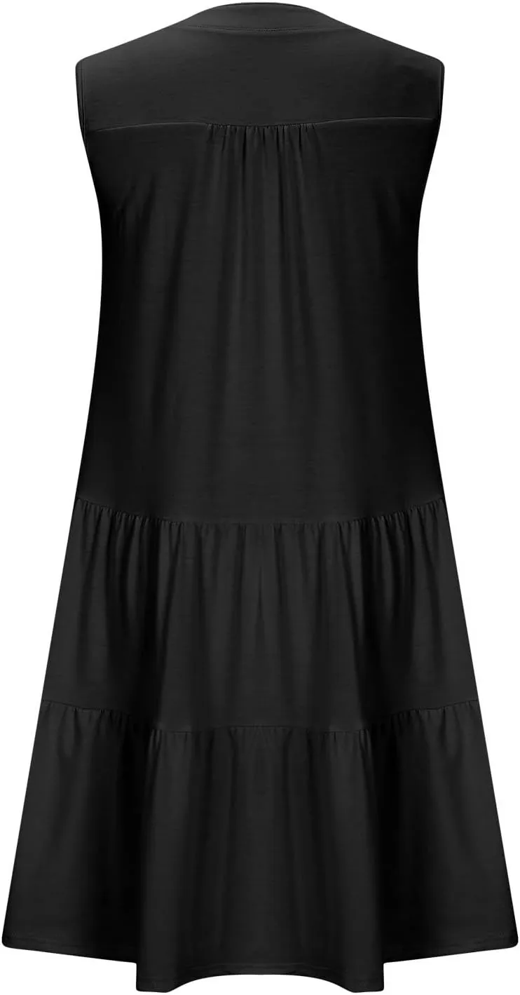 Beach Dresses for Women 2025 Vacation Sleeveless V Neck Flowy Mini Dress Fashion Ruffle Summer Sundress with Pockets