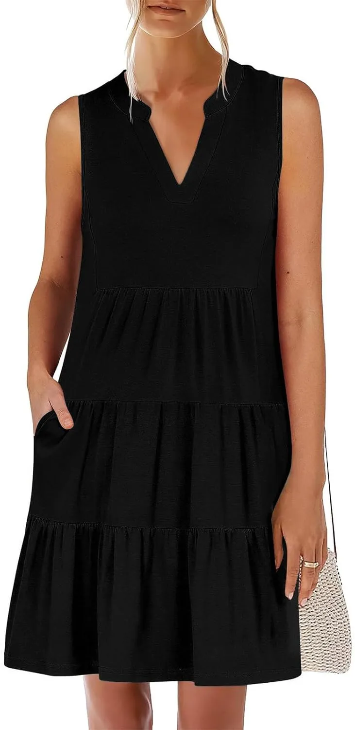 Beach Dresses for Women 2025 Vacation Sleeveless V Neck Flowy Mini Dress Fashion Ruffle Summer Sundress with Pockets