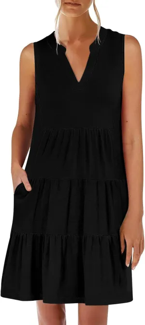 Beach Dresses for Women 2025 Vacation Sleeveless V Neck Flowy Mini Dress Fashion Ruffle Summer Sundress with Pockets