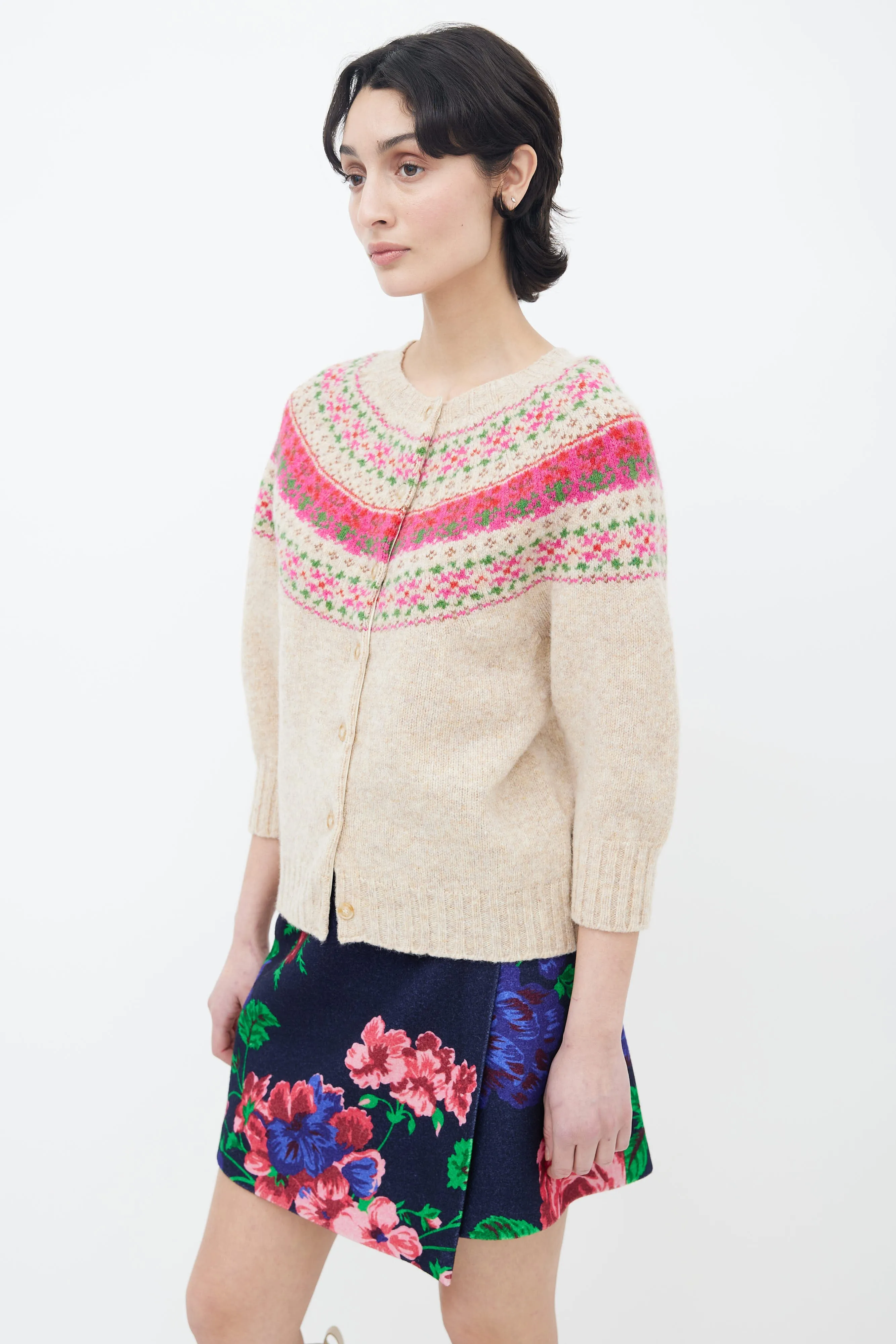 Beige & Pink Fair Isle Knit Cardigan
