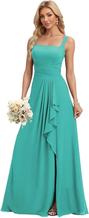 BITALY Bridesmaid Dresses for Women 2025 Chiffon Ruffle Spaghetti Straps Long A Line Bridesmaid Dress BI186