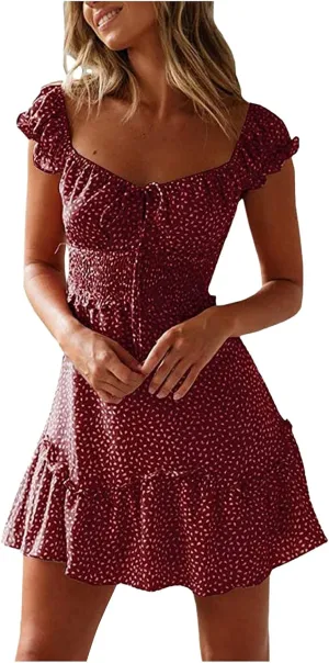 Boho Floral Dress for Women Cap Sleeve Summer Smocked Mini Dresses Elegant Square Neck Ruffle Short Party Sundress