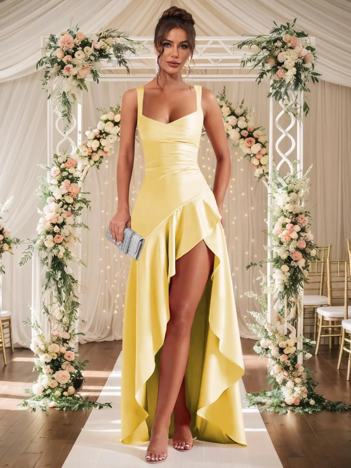 BONOYUER Satin Ruffle Prom Dresses 2025 for Teens Hi-Low A Line V Neck Flowy Formal Cocktail Dress