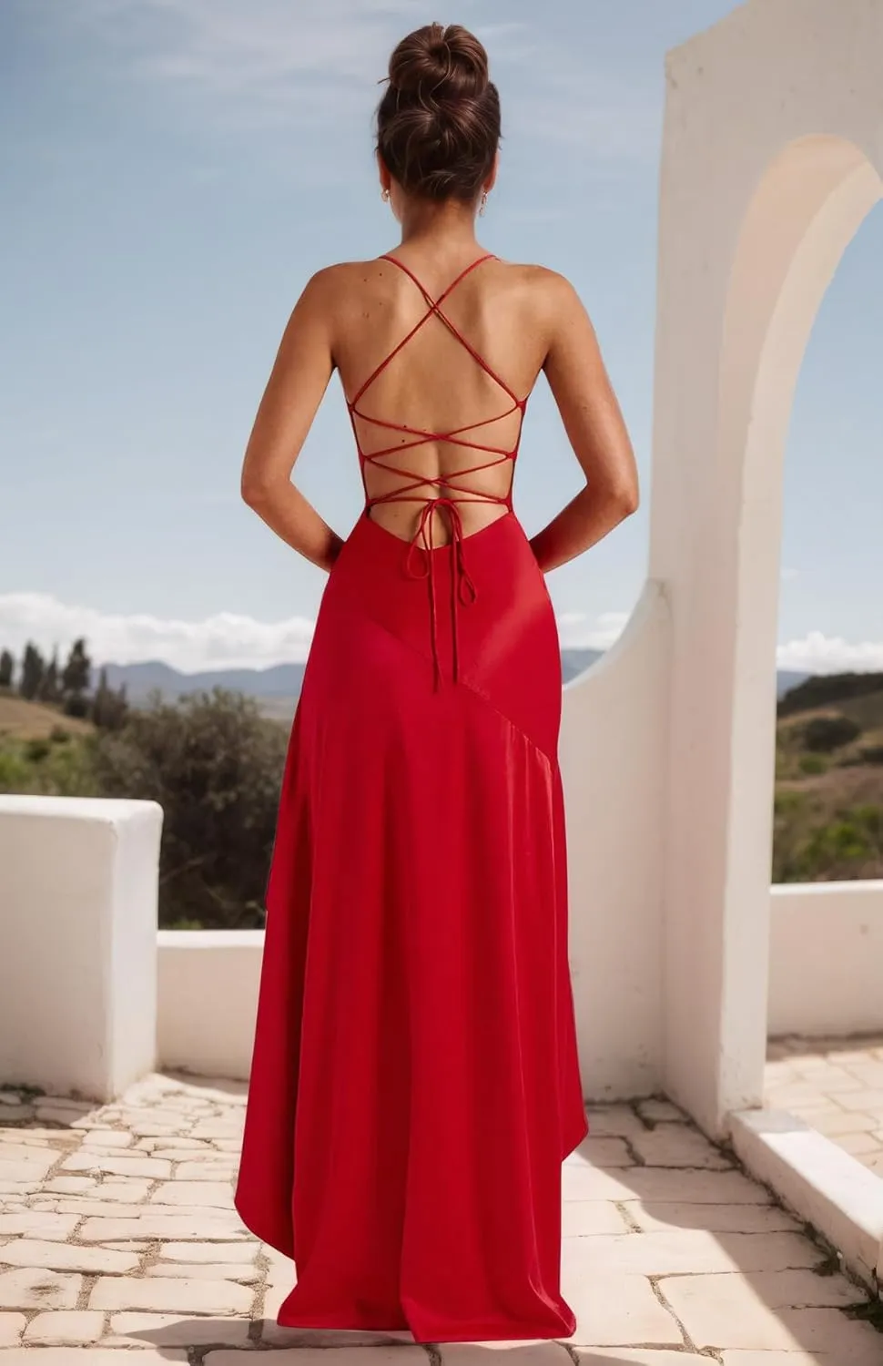 BONOYUER Satin Ruffle Prom Dresses 2025 for Teens Hi-Low A Line V Neck Flowy Formal Cocktail Dress
