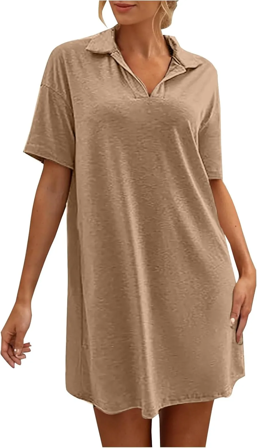 Borniu Women's Summer Casual Solid Color Comforable Mini Dresses 2025 Lapel V Neck Short Sleeve Flowy A Line T Shirt Dress