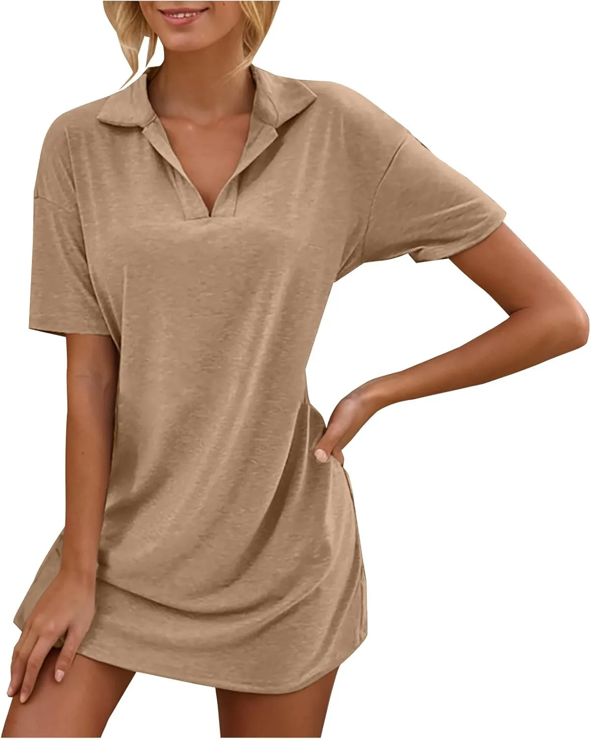Borniu Women's Summer Casual Solid Color Comforable Mini Dresses 2025 Lapel V Neck Short Sleeve Flowy A Line T Shirt Dress