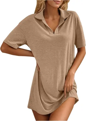 Borniu Women's Summer Casual Solid Color Comforable Mini Dresses 2025 Lapel V Neck Short Sleeve Flowy A Line T Shirt Dress