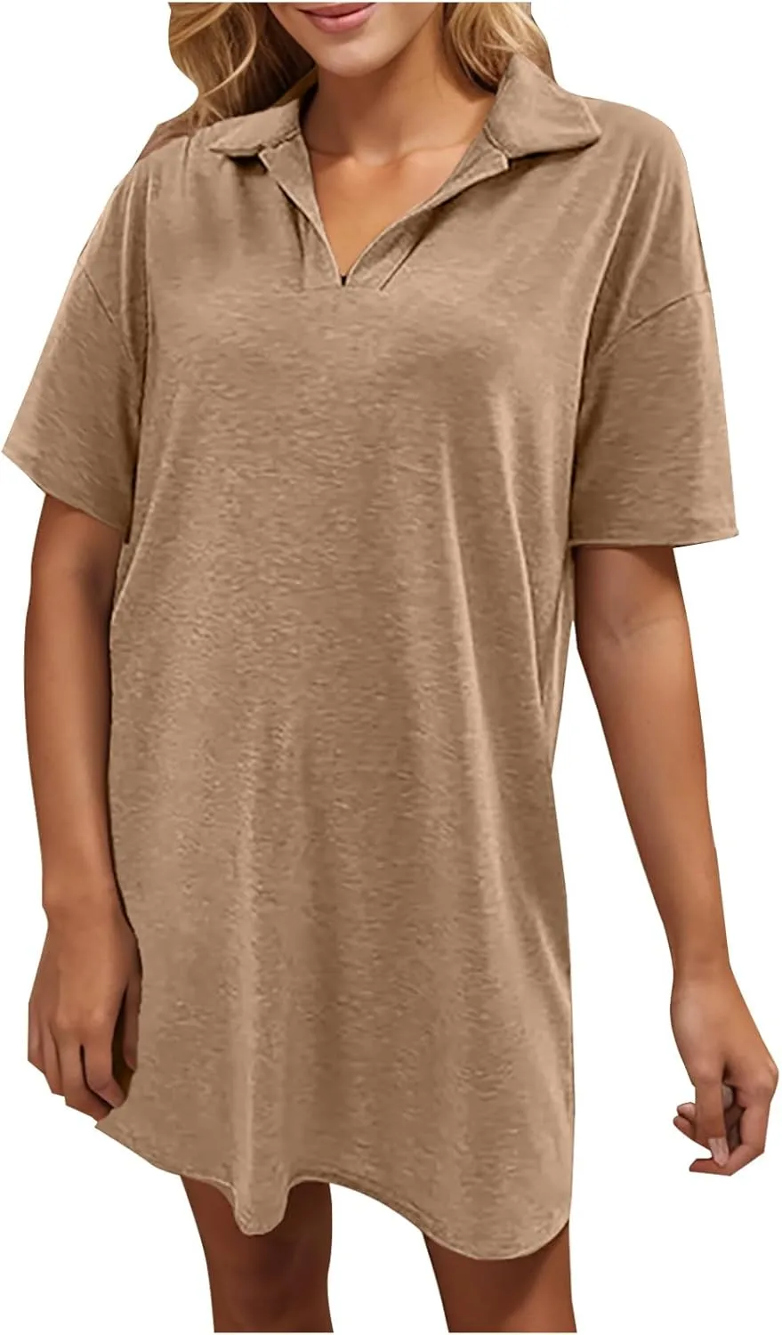 Borniu Women's Summer Casual Solid Color Comforable Mini Dresses 2025 Lapel V Neck Short Sleeve Flowy A Line T Shirt Dress