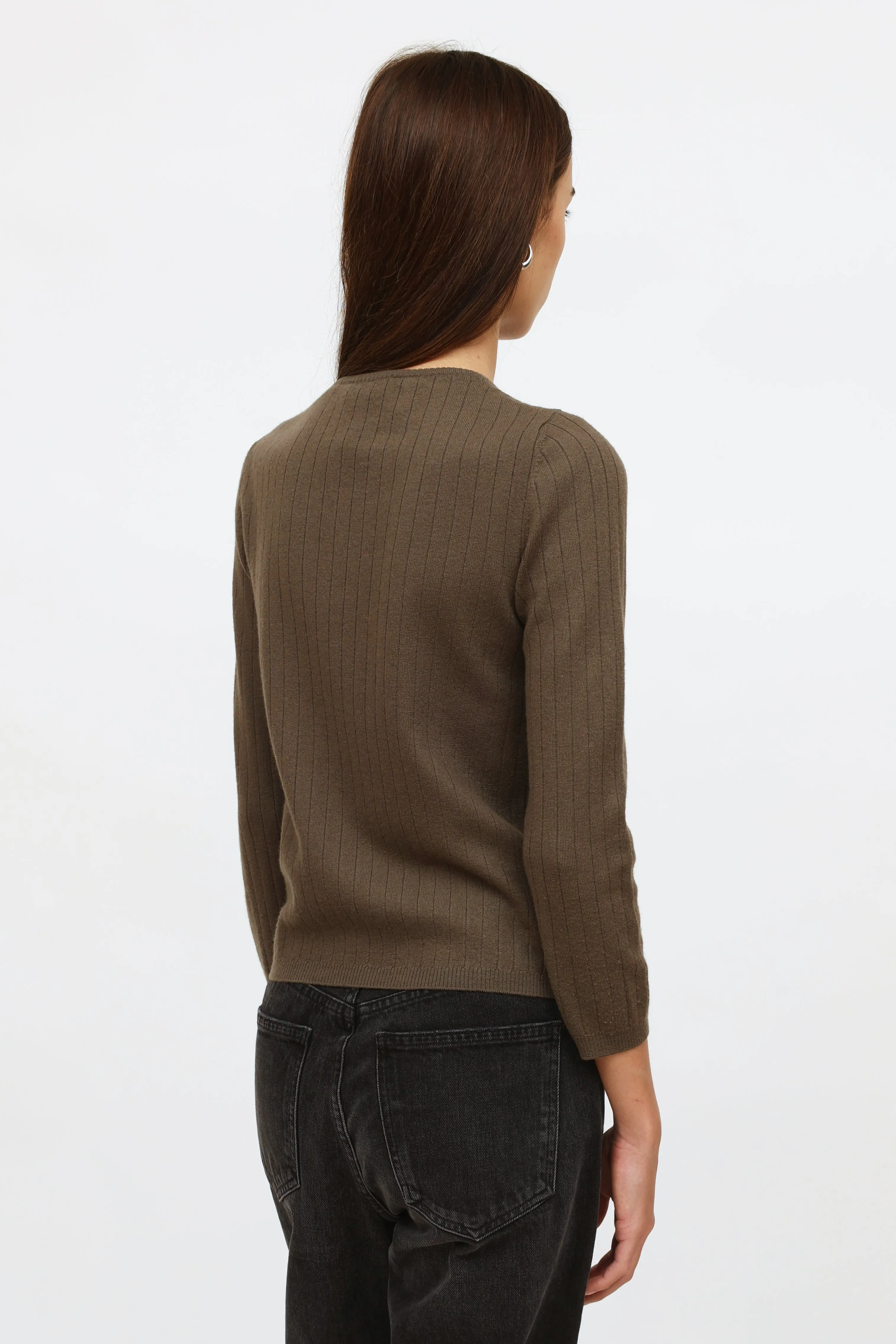 Brown Ribbed Button Cardigan