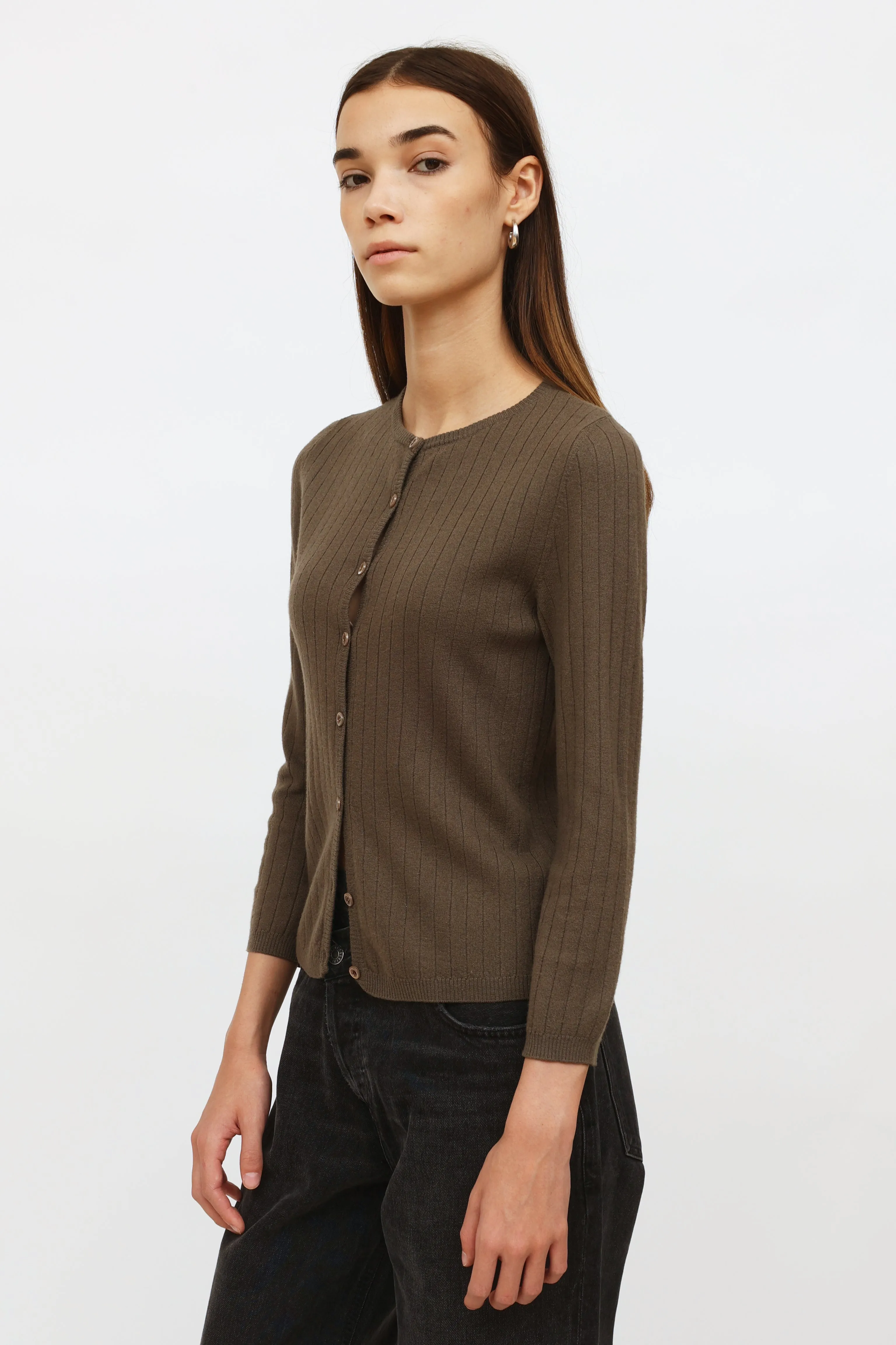 Brown Ribbed Button Cardigan