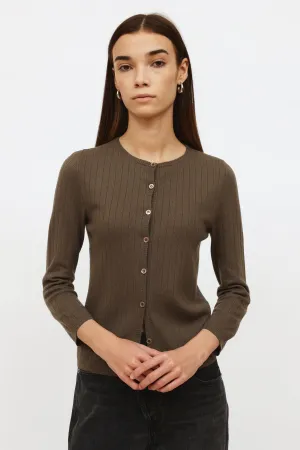 Brown Ribbed Button Cardigan