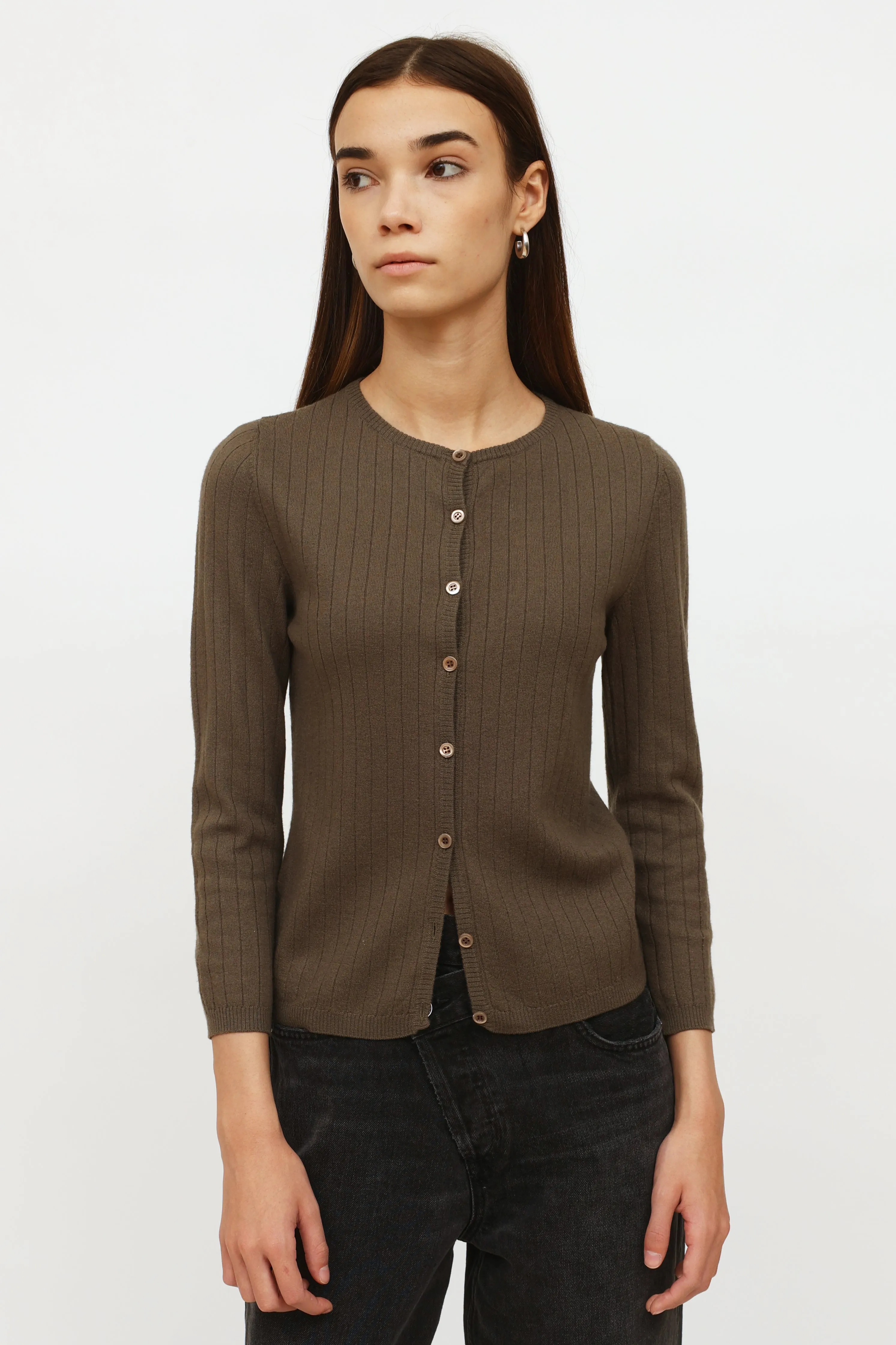 Brown Ribbed Button Cardigan