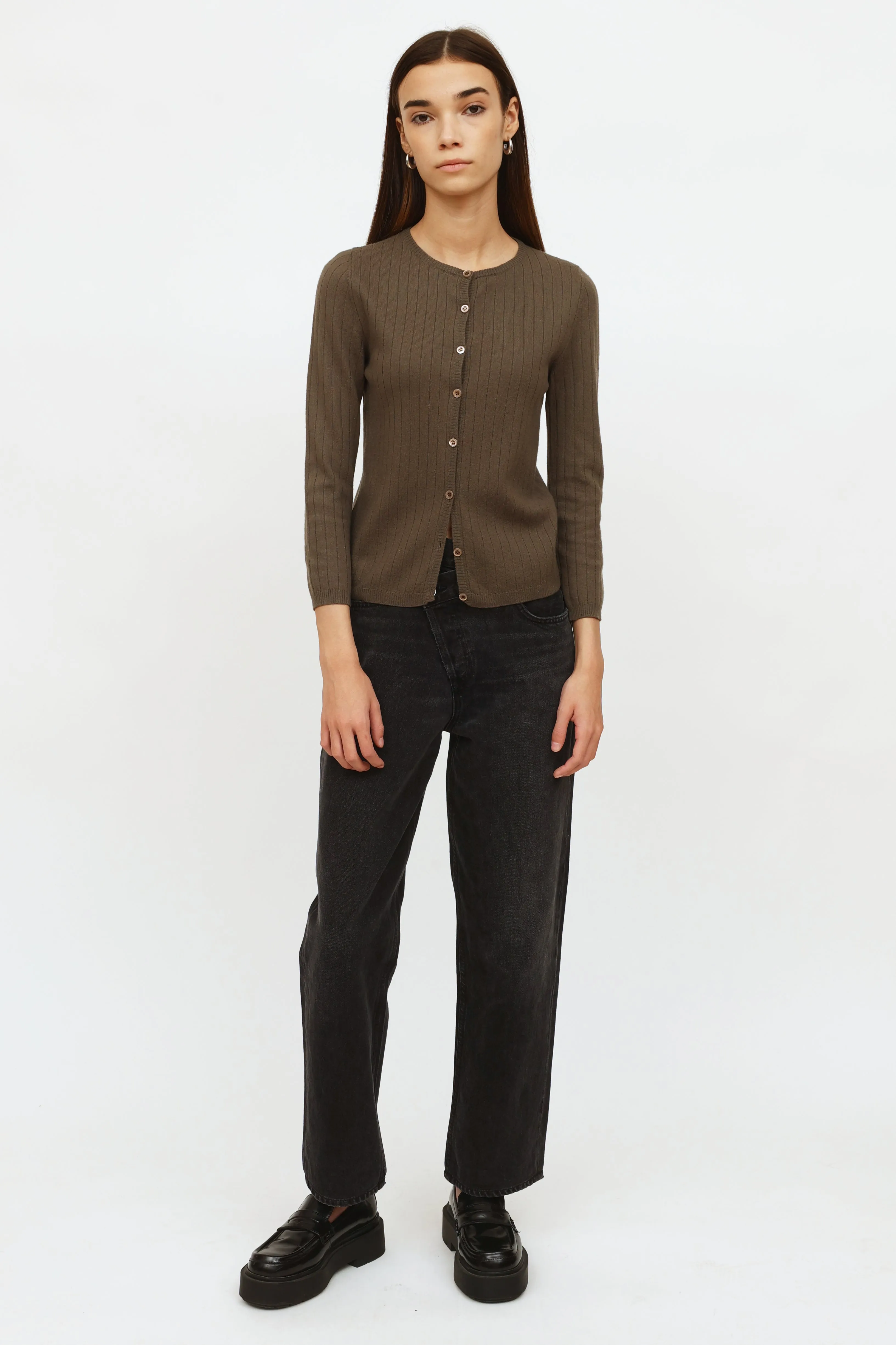 Brown Ribbed Button Cardigan