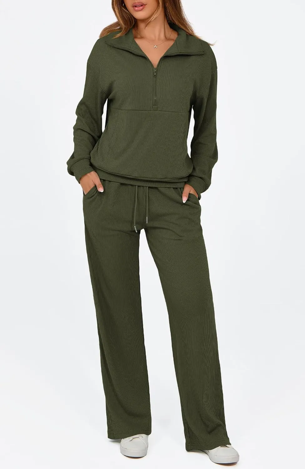 BTFBM Womens 2 Piece Sweatsuits Set Long Sleeve Half Zip Pullover Sweatshirt Wide Leg Sweatpants Fall Outfits Tracksuit