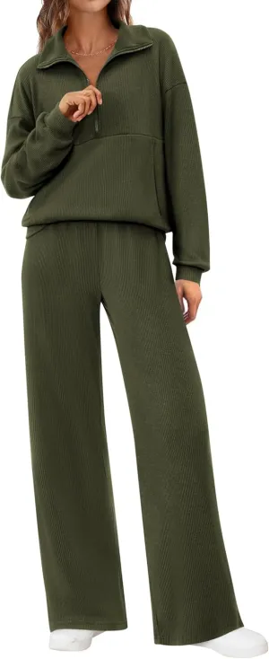 BTFBM Womens 2 Piece Sweatsuits Set Long Sleeve Half Zip Pullover Sweatshirt Wide Leg Sweatpants Fall Outfits Tracksuit