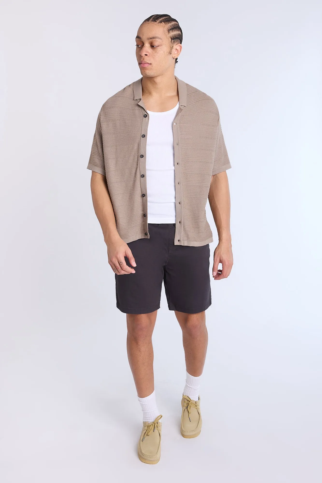 Button-Up Short Sleeve Textured Knit Shirt