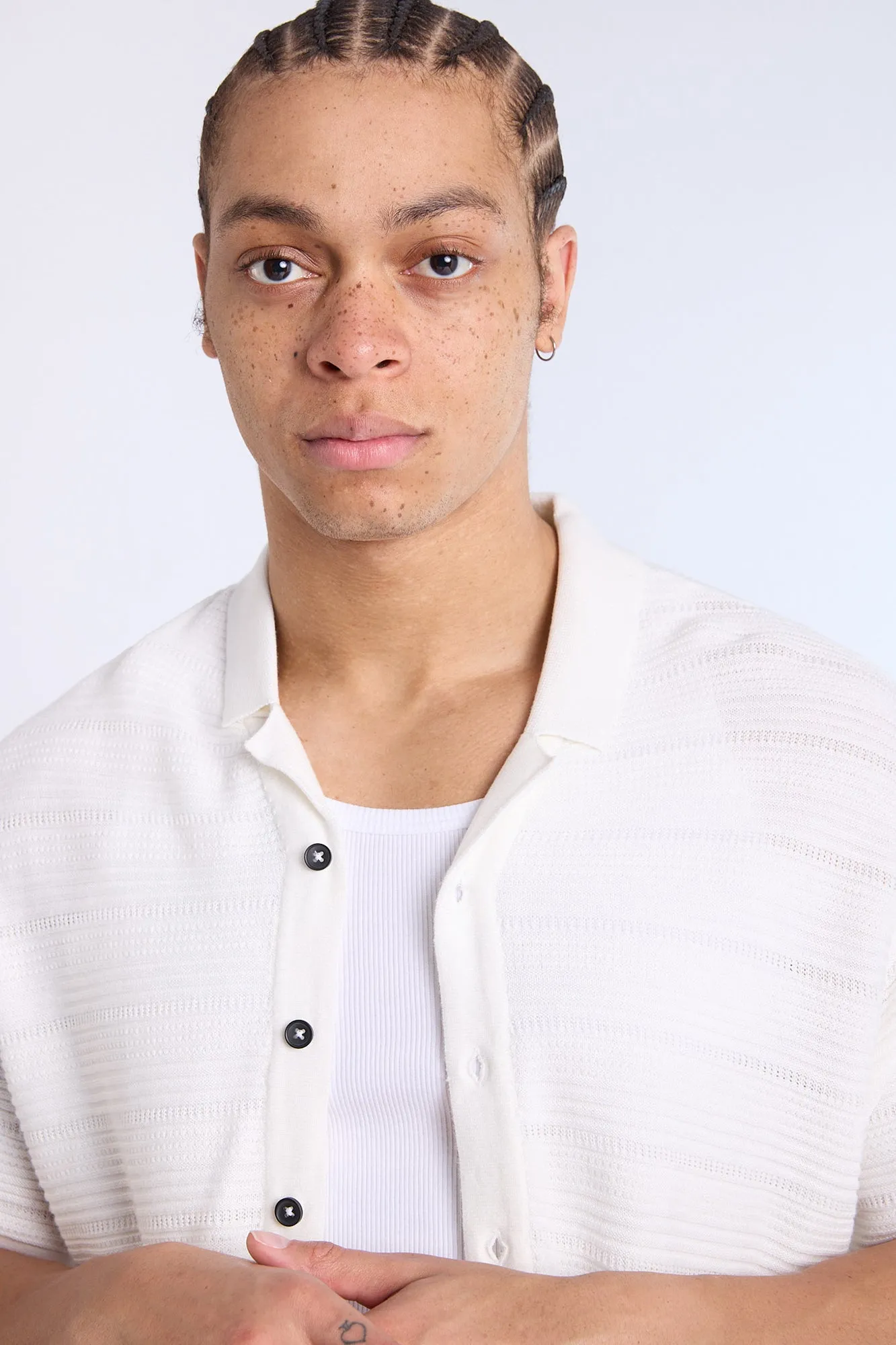 Button-Up Short Sleeve Textured Knit Shirt