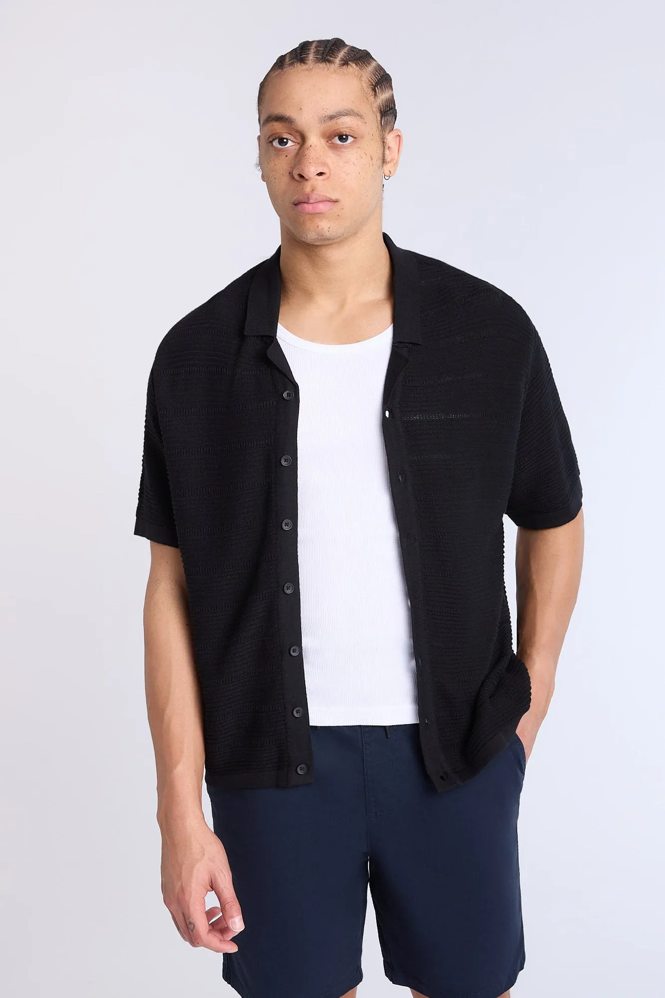 Button-Up Short Sleeve Textured Knit Shirt