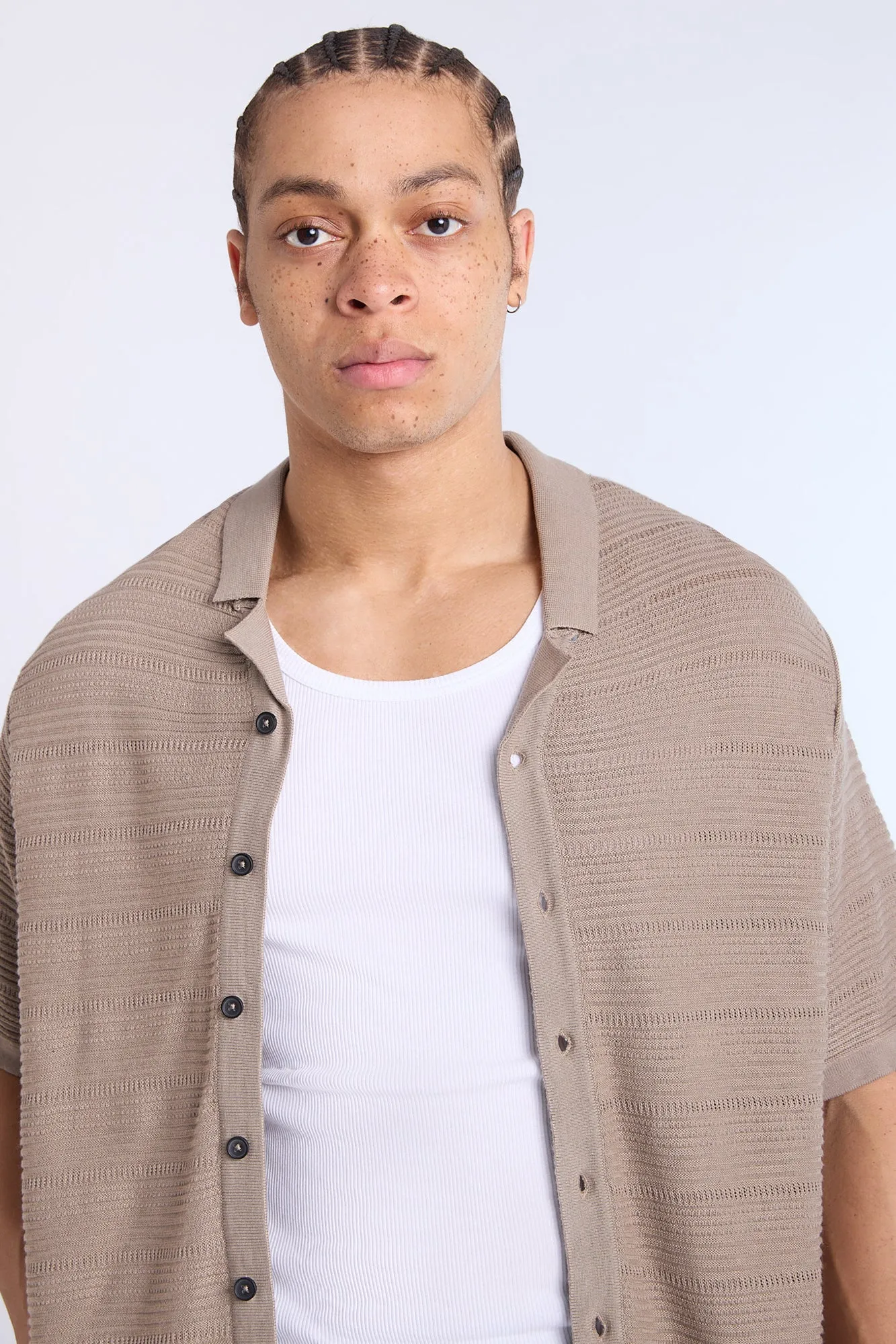 Button-Up Short Sleeve Textured Knit Shirt