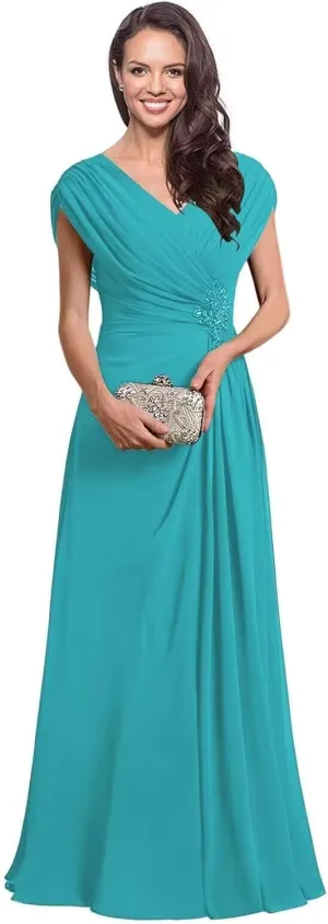 Cap Sleeve Mother of The Bride Dresses for Wedding Ruched Chiffon Long Formal Evening Dress