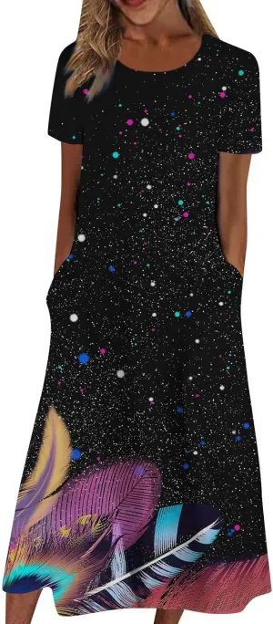 Casual Dresses for Women 2024 Summer Trendy Short Sleeve Ruffle Long T Shirt Dress Boho Leaves Print Loose Maxi Sundress