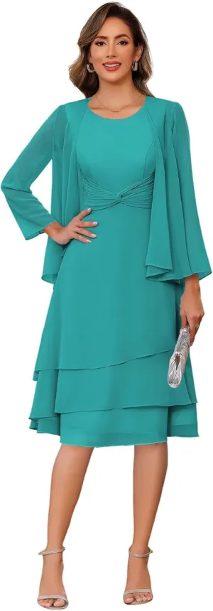 Chiffon 2 Pieces Mother of The Bride Dresses with Jacket Tiered Crew Neck Formal Evening Dress Hi006