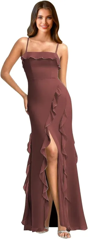 Chiffon Bridesmaid Dresses 2025 Spaghetti Straps Ruffle Formal Dress Mermaid Evening Gowns with Slit