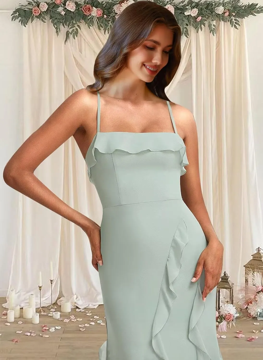 Chiffon Bridesmaid Dresses 2025 Spaghetti Straps Ruffle Formal Dress Mermaid Evening Gowns with Slit