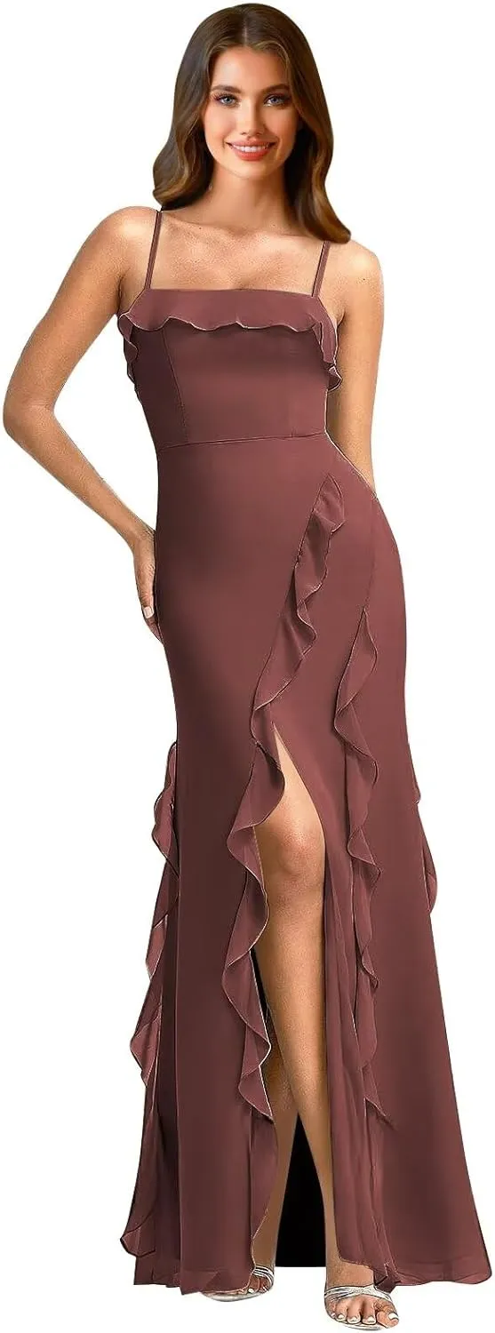Chiffon Bridesmaid Dresses 2025 Spaghetti Straps Ruffle Formal Dress Mermaid Evening Gowns with Slit