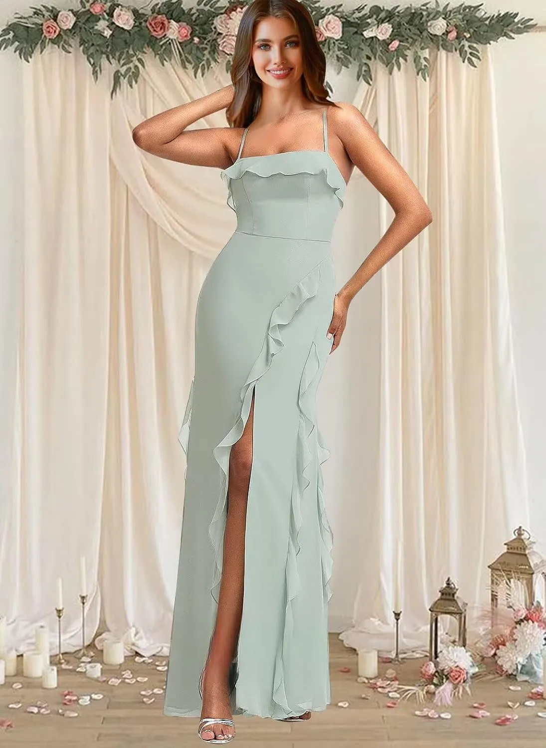 Chiffon Bridesmaid Dresses 2025 Spaghetti Straps Ruffle Formal Dress Mermaid Evening Gowns with Slit